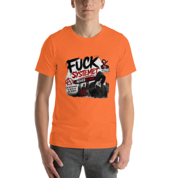 unisex-staple-t-shirt-orange-front-69f07a9a72ea6.jpg Fuck systemet t-shirt