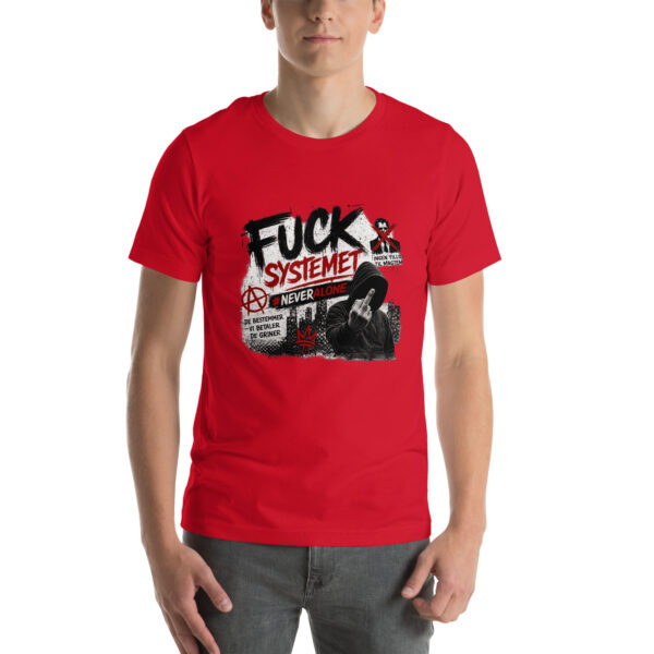 unisex-staple-t-shirt-red-front-69f07a9a418d0.jpg Fuck systemet t-shirt