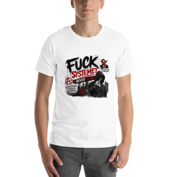 unisex-staple-t-shirt-white-front-69f07a9b611f9.jpg Fuck systemet t-shirt